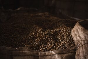 麻布袋與散放其中的咖啡豆近景