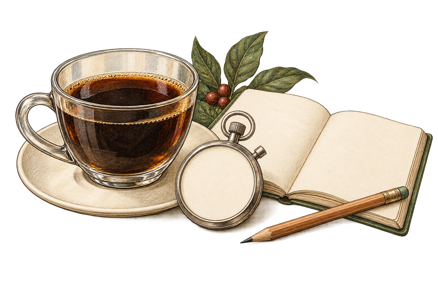 咖啡杯、無刻度及讀數的秒錶與空白筆記本手繪